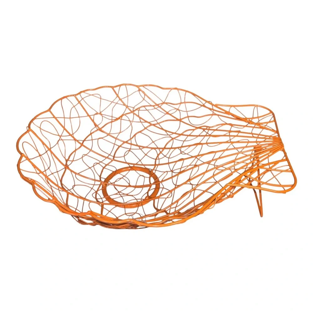 Orange Metal Wire Scallop Seashell Fruit Bowl Decorative Coastal Basket
